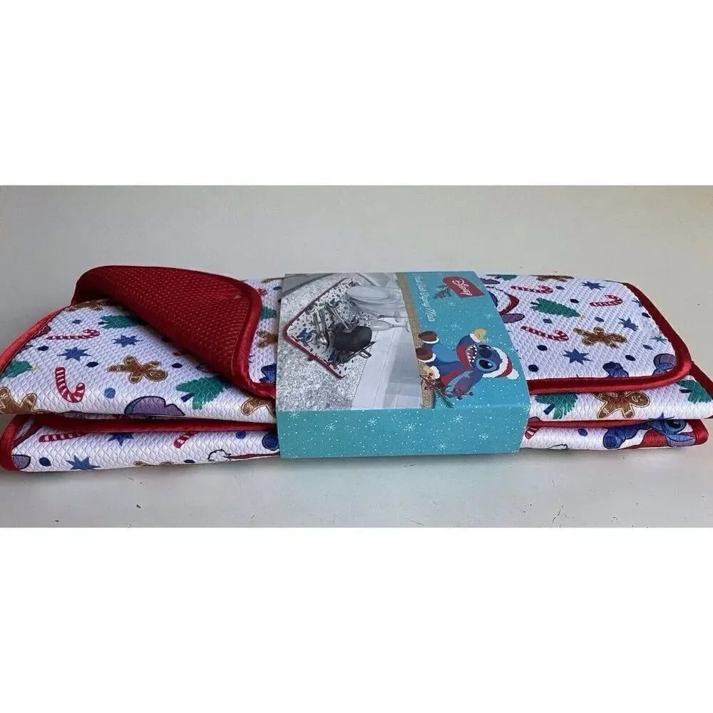 2 Pack Disney Stitch Christmas Dish Drying Mat Santa Hat‎ Gingerbread Candy Cane